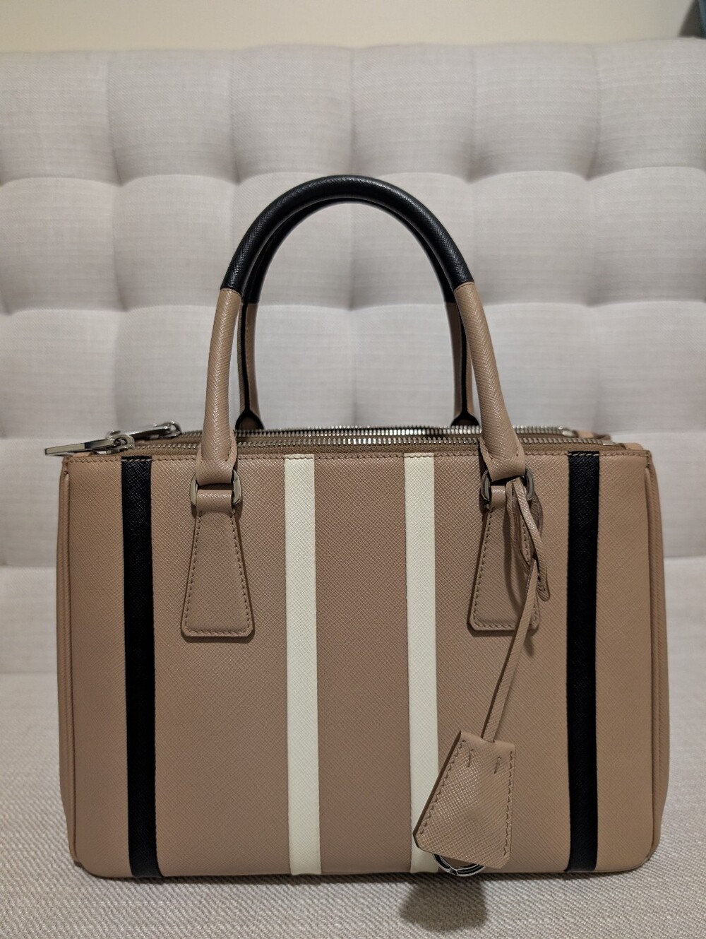 PRADA tricolor stripe Saffiano Top Handle Satchel